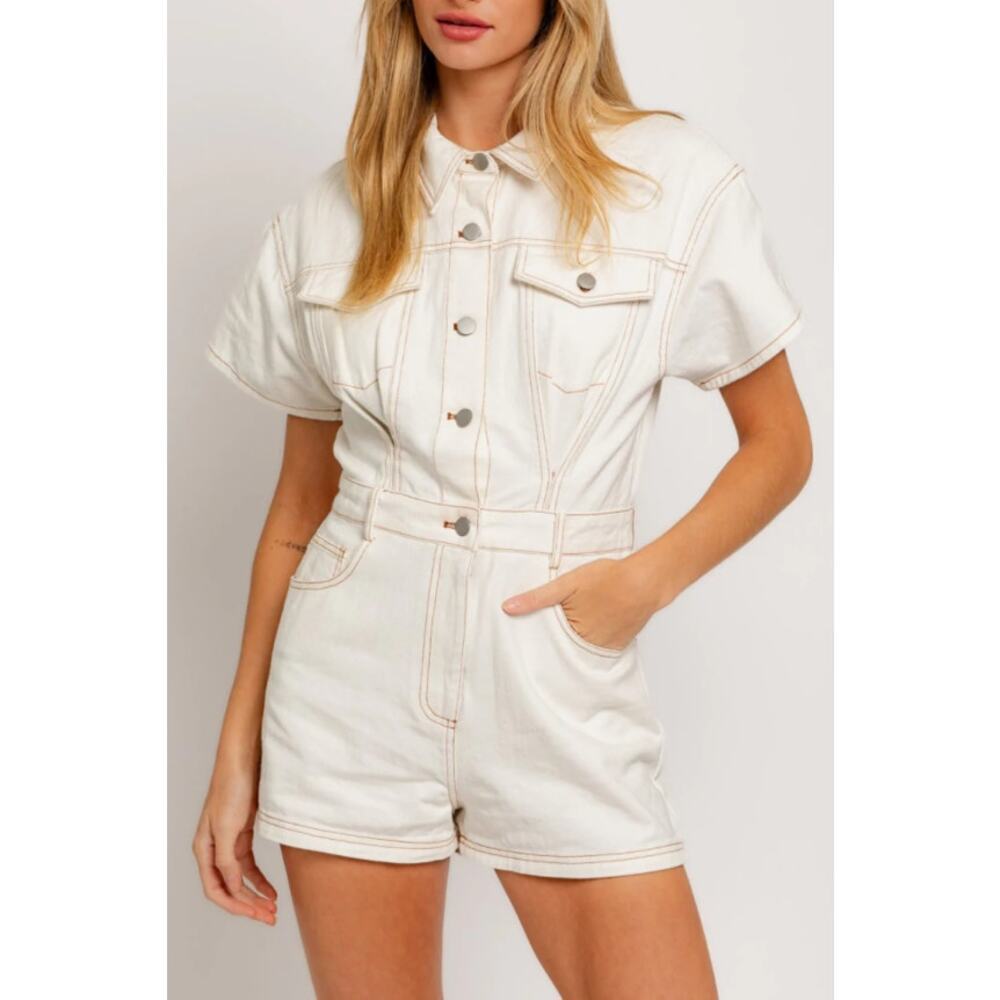 LELIS Collection Off White Denim Romper Utility Belted Women’s Size M